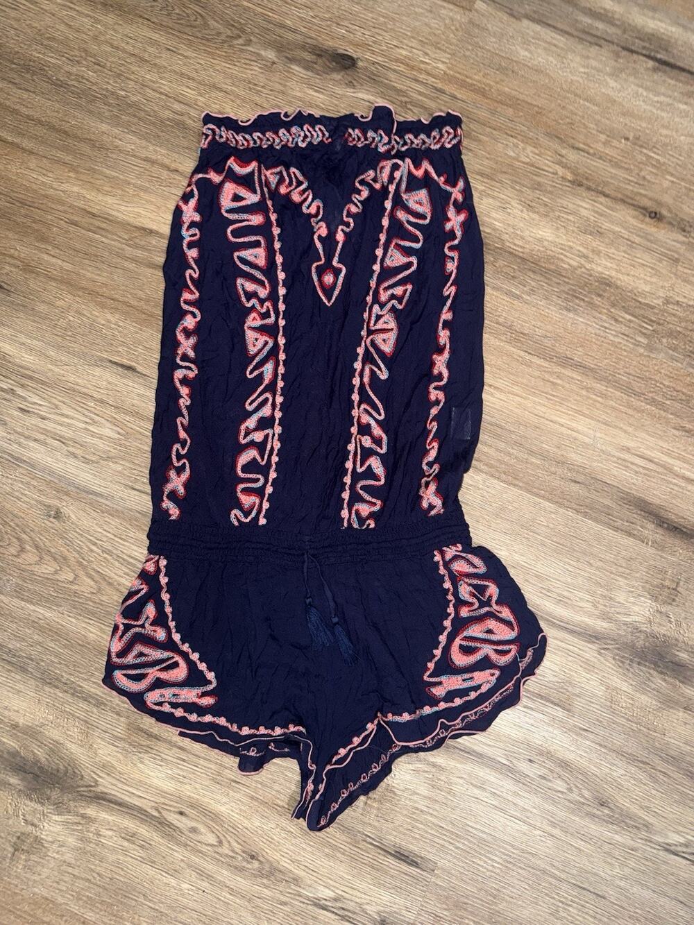 Poupette St Barth Romper 2 S Navy Blue Embroidered Strapless Tassel Boho Resort
